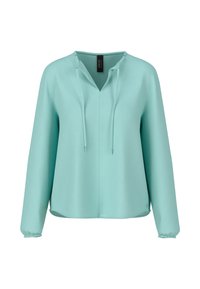 Lange mouwen blouse in licht muntgroen, gemaakt van gladde stof. Heeft een V-hals met trekkoorden en gathers bij de mouwen, wat zorgt voor een comfortabele pasvorm.