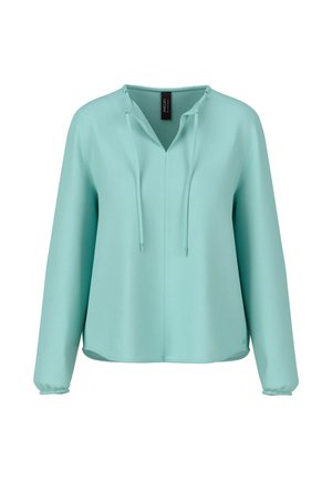 Lange mouwen blouse in licht muntgroen, gemaakt van gladde stof. Heeft een V-hals met trekkoorden en gathers bij de mouwen, wat zorgt voor een comfortabele pasvorm.