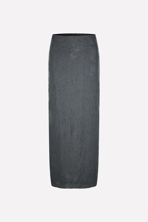 Dark gray midi skirt with a smooth texture and floral embossed pattern. Features a fitted, high waist with a simple, elegant silhouette.