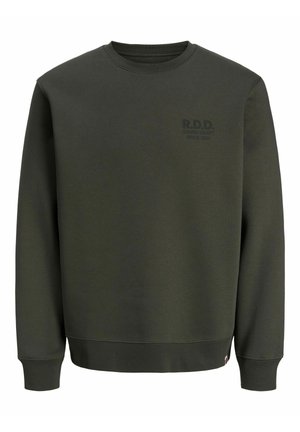 Sweat-shirt vert foncé col rond à manches longues avec petit logo texte noir en haut à gauche de la poitrine indiquant R.D.D. Danish Craft.