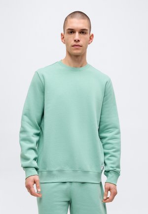 Junger Mann steht, trägt ein mintgrünes Sweatshirt und passende Hose, mit neutralem Gesichtsausdruck vor einem schlichten weißen Hintergrund.