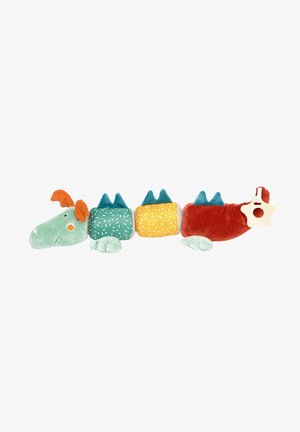 Plush dragon toy with a soft green head, orange horns, and colorful segmented body in green, yellow, and red with textured accents.