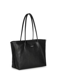 Borsa a tracolla nera in pelle con finitura testurizzata, base piatta, manici doppi e una patta superiore con logo del marchio. Design semplice e funzionale.