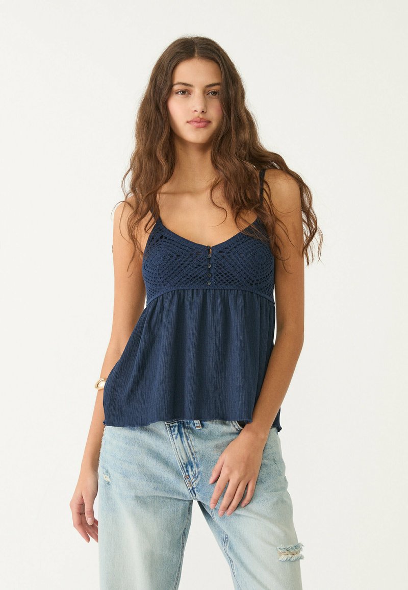 Stradivarius - RUFFLED  - Top - dark blue, Ingrandire