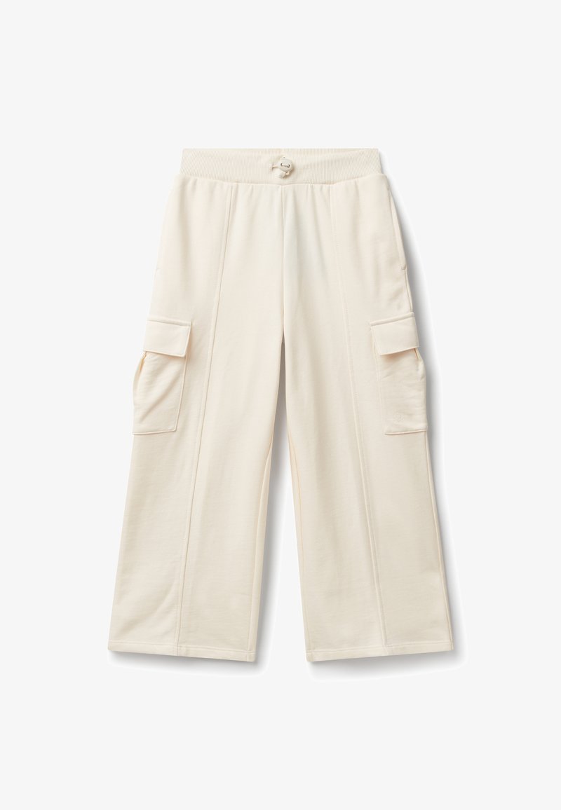 Široké krémové kalhoty s elastickým pasem, předním knoflíkovým detailem a cargo kapsami po obou stranách.