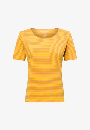 Short-sleeve yellow t-shirt with pink horizontal stripes, cotton material, rounded neckline, and regular fit design.