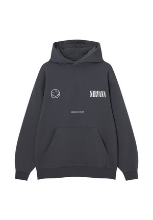 Ciemnoszara bluza z kapturem z przednią kieszenią kangurką, białym napisem Nirvana, logo z uśmiechniętą buźką oraz hasłem "come as you are" na piersi.