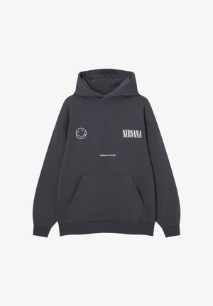 Tummanharmaa hupullinen collegepaita etutaskulla, valkoisella Nirvana-tekstillä, hymynaamio-logolla ja "come as you are" -iskulauseella rinnassa.