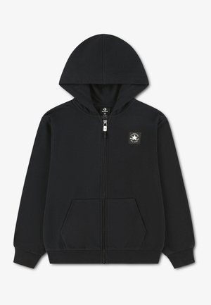 Sweat à capuche noir zippé avec poches avant, poignets côtelés, capuche et petit logo Converse All Star sur la poitrine.