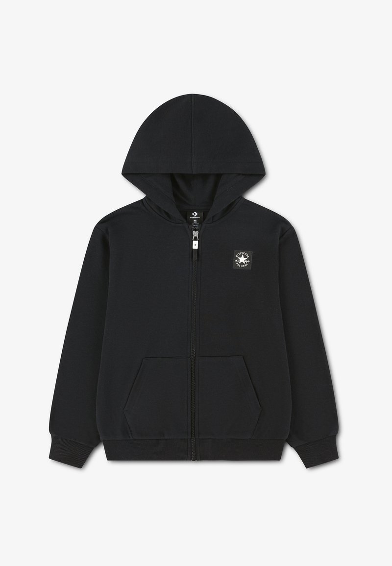 Sweat à capuche noir zippé avec poches avant, poignets côtelés, capuche et petit logo Converse All Star sur la poitrine.