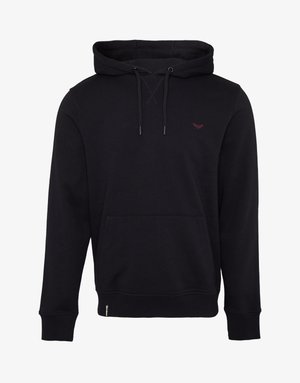 Sweat à capuche noir avec poche kangourou à l'avant, capuche réglable avec cordon, poignets côtelés, et petit logo rouge brodé sur la poitrine.