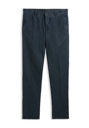 Dunkelblaue Hose mit geradem Bein, Gürtelschlaufen, Knopfverschluss vorne, zwei Seitentaschen und einem klaren, schlichten Design auf weißem Hintergrund.