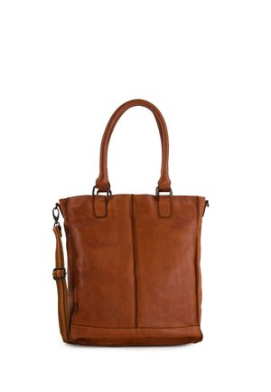 Sac cabas en cuir marron avec deux poignées arrondies et une bandoulière amovible, présenté sur fond blanc.