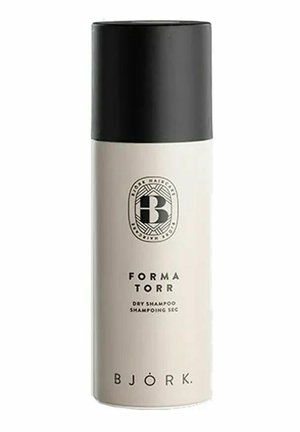 Hvid cylindrisk tørshampoo spraydåse med sort hætte, mærket "FORMA TORR" af BJÖRK.