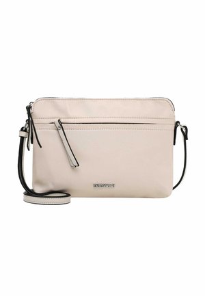 Hellbeige rechteckige Umhängetasche mit schwarzem Rand am Träger, Frontreißverschlusstasche und silbernem "Emily & Noah"-Logo auf weißem Hintergrund.