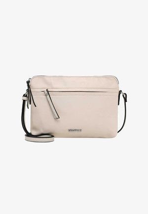 Hellbeige rechteckige Umhängetasche mit schwarzem Rand am Träger, Frontreißverschlusstasche und silbernem "Emily & Noah"-Logo auf weißem Hintergrund.