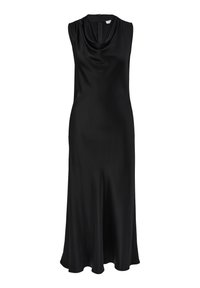 Czarna bezrękawnikowa sukienka z satynowego materiału, z dekoltem w drapowanym stylu i rozkloszowanym dołem. Tył ma dyskretny zamek błyskawiczny.