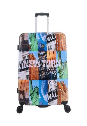 Hard-shell suitcase featuring a collage of urban images, primarily of the Statue of Liberty and city buildings, in vibrant colors.