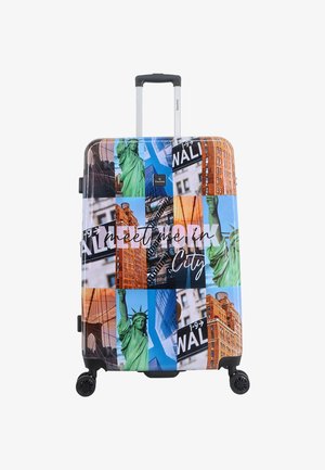 Hard-shell suitcase featuring a collage of urban images, primarily of the Statue of Liberty and city buildings, in vibrant colors.