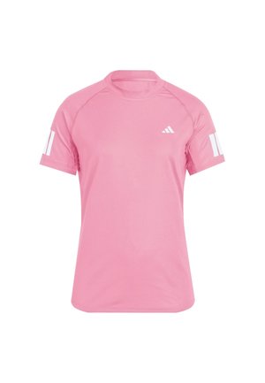 T-shirt atletico rosa realizzato in tessuto morbido e leggero. Presenta maniche corte, collo rotondo e accenti in bianco sul petto e sulle maniche.