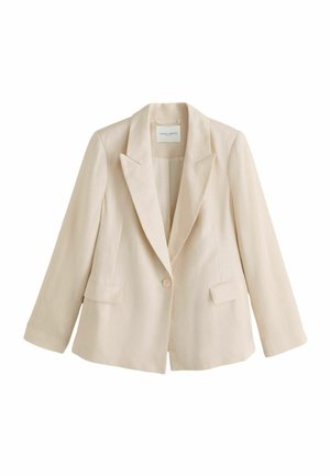 Beiger Damenblazer mit einem Knopf, Revers mit Kerbe, langen Ärmeln und zwei aufgesetzten Taschen vorne.