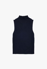 Top de punto sin mangas en azul marino con cuello alto, que presenta un patrón texturizado y acanalado. Diseño sencillo y ajustado sin acentos adicionales.