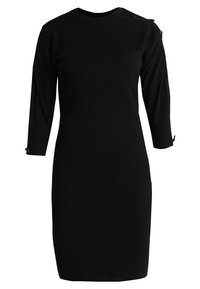 Robe noire en maille avec des manches trois-quarts, col rond et détails de boutons sur l'épaule et le poignet. Texture lisse, silhouette cintrée.