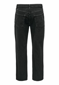 Pantalon en denim noir avec une coupe droite, doté de deux poches arrière, de coutures apparentes et d'une finition de tissu texturé.