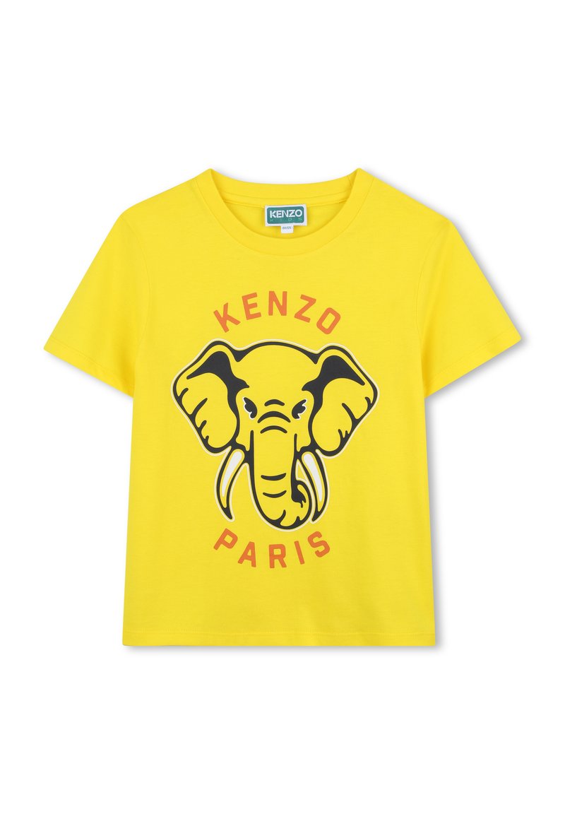 Geel katoenen T-shirt met een zwarte olifantafbeelding, rode tekst "KENZO" en "PARIS" eronder, korte mouwen en een ronde halslijn.