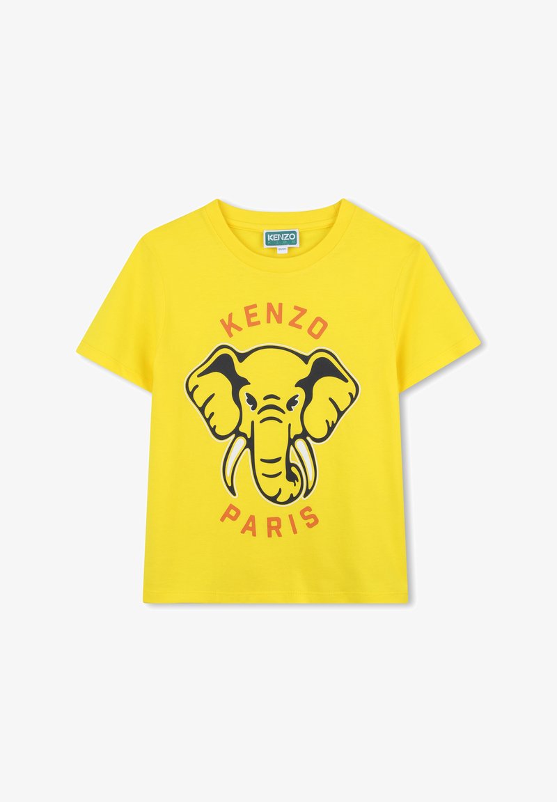 Geel katoenen T-shirt met een zwarte olifantafbeelding, rode tekst "KENZO" en "PARIS" eronder, korte mouwen en een ronde halslijn.