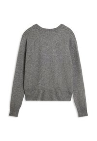 Pull en tricot gris à manches longues avec des poignets et un ourlet côtelés, col rond et motif texturé simple, présenté de dos sur un fond blanc.