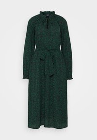 Långärmad, mörkgrön klänning med blommönster, nyckelhål-ringning, rynkad krage och knytbälte i midjan. Mjuk tygtextur.