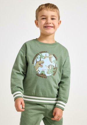 Felpa verde in cotone, con una grafica giocosa di un dinosauro sulla parte anteriore. Ha polsini a strisce bianche e verdi.