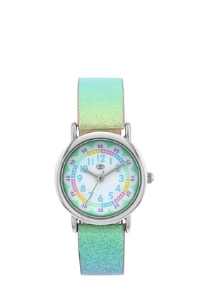 Children's analog wristwatch with a glittery green-blue strap, silver case, and colorful numbers for hours and minutes on the dial.