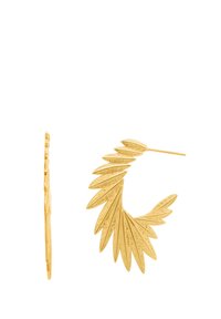 Gouden hoepeloorbellen met een bladvorm; de gestructureerde afwerking, gebogen vorm en puntige accenten zorgen voor een dynamische, moderne uitstraling.