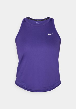 Purple athletic tank top made of smooth fabric with a round neckline. Features a white Nike logo on the chest and curved hemline.