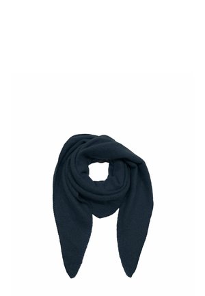 Dark navy triangular scarf folded and draped with pointed ends hanging down against a white background.