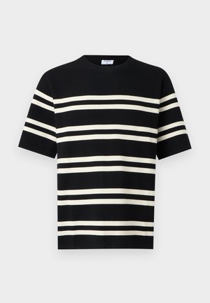 Μαύρο κοντομάνικο πουκάμισο με λευκές οριζόντιες ρίγες στο σώμα και τα μανίκια, με στρογγυλή λαιμόκοψη και κανονική εφαρμογή.