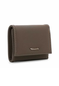 Brown synthetic wallet with stitched accents, fold-over design, and a metallic logo. Compact shape with a textured surface.