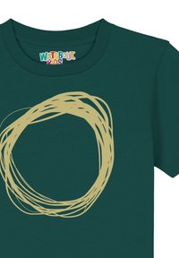 Teal katoenen t-shirt met een groot abstract beige cirkelontwerp. Het label leest "WATABOUT KIDS" in meerkleurige letters.
