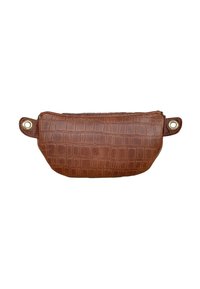 Sac en simili-cuir crocodile marron de forme rectangulaire, avec une fermeture éclair et deux accents en métal circulaires sur les côtés.