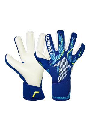 Pair of blue and white goalkeeper gloves with yellow accents, featuring "reusch" branding and abstract arrow pattern on the backhand.