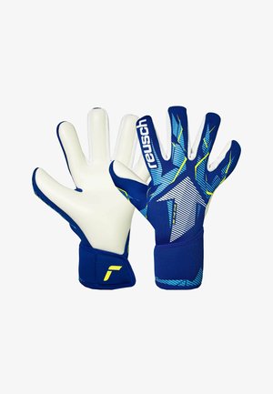 Pair of blue and white goalkeeper gloves with yellow accents, featuring "reusch" branding and abstract arrow pattern on the backhand.