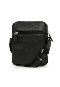 Borsa a tracolla in pelle nera con superficie testurizzata, tasca anteriore con cerniera, tracolla regolabile e dettagli in metallo argentato.