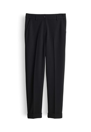 Schwarze, maßgeschneiderte Hose mit Knopf- und Reißverschluss, Seitentaschen, Gürtelschlaufen und umgeschlagenen Saumabschlüssen.