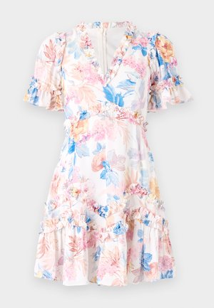 Abito floreale con base bianca, decorato con fiori rosa, blu e gialli. Accenti arricciati sulle maniche e sull'orlo, scollatura a V e vita aderente.