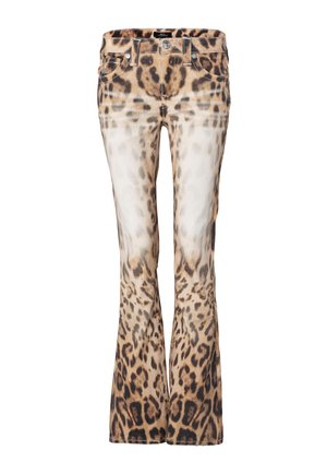 Leopard print flared jeans with front pockets, belt loops, and a button closure, featuring faded white patches on thighs.