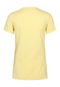 Lühikeste varrukatega, ümar kaelusega kollane T-särk, valmistatud puuvillast, sileda tekstuuriga. Tagantvaade, mustreid ega graafikat pole nähtaval.