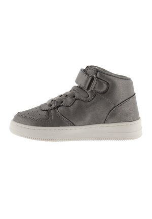 Gray high-top sneaker with a smooth texture, padded collar, lace and Velcro closure, and a white rubber sole.