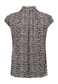 Leopardenmuster-Bluse mit hohem Ausschnitt und kurzen Ärmeln. Aus leichtem Stoff gefertigt, mit einem Farbdesign in Braun und Creme.